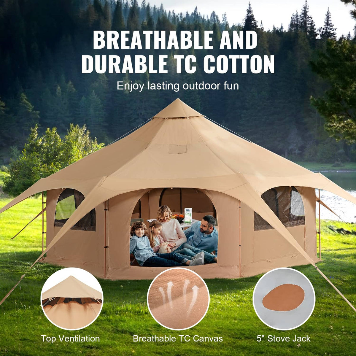 Beige bell tent with arched door openings and side windows, spacious interior