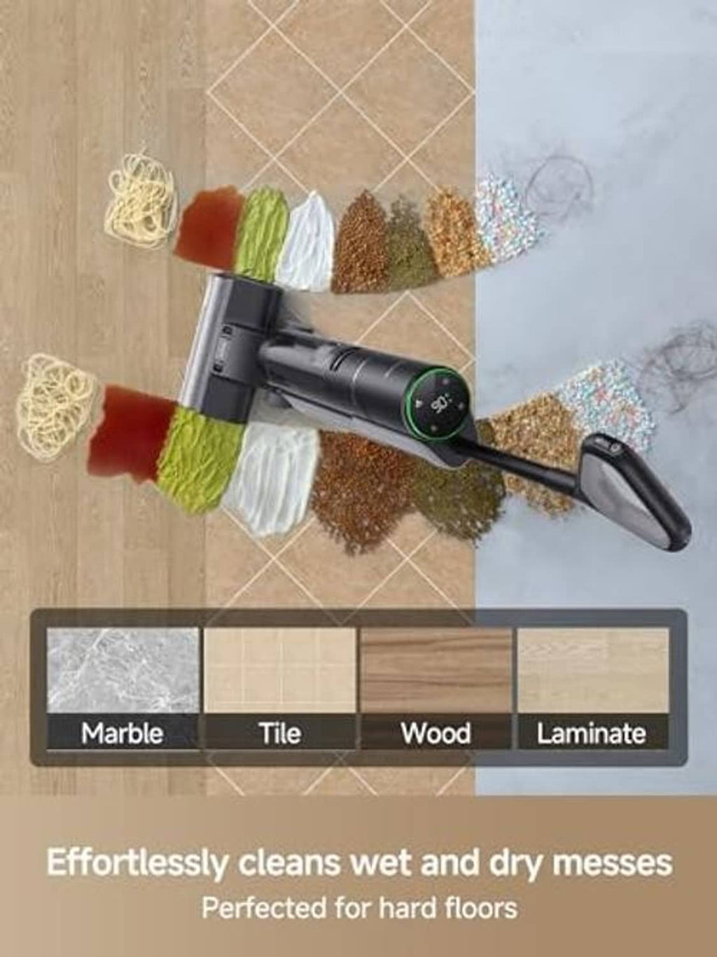 Cordless wet dry vacuum mop with angled roller head and swappable pads, black
