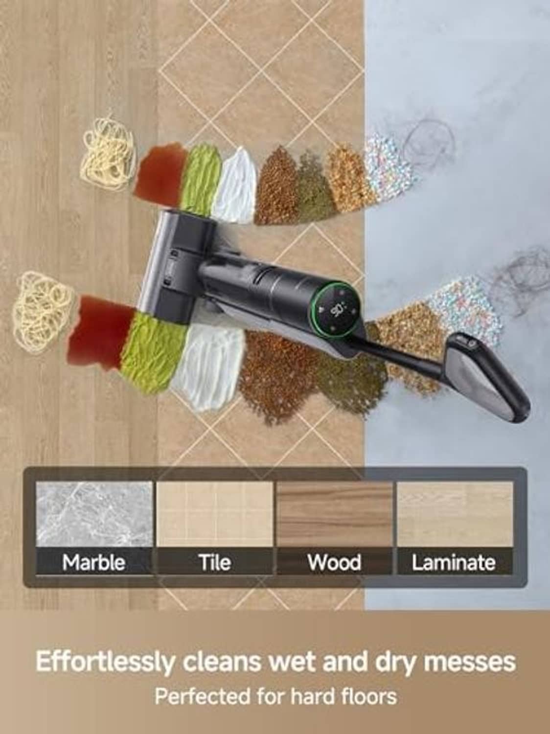 Cordless wet dry vacuum mop with angled roller head and swappable pads, black