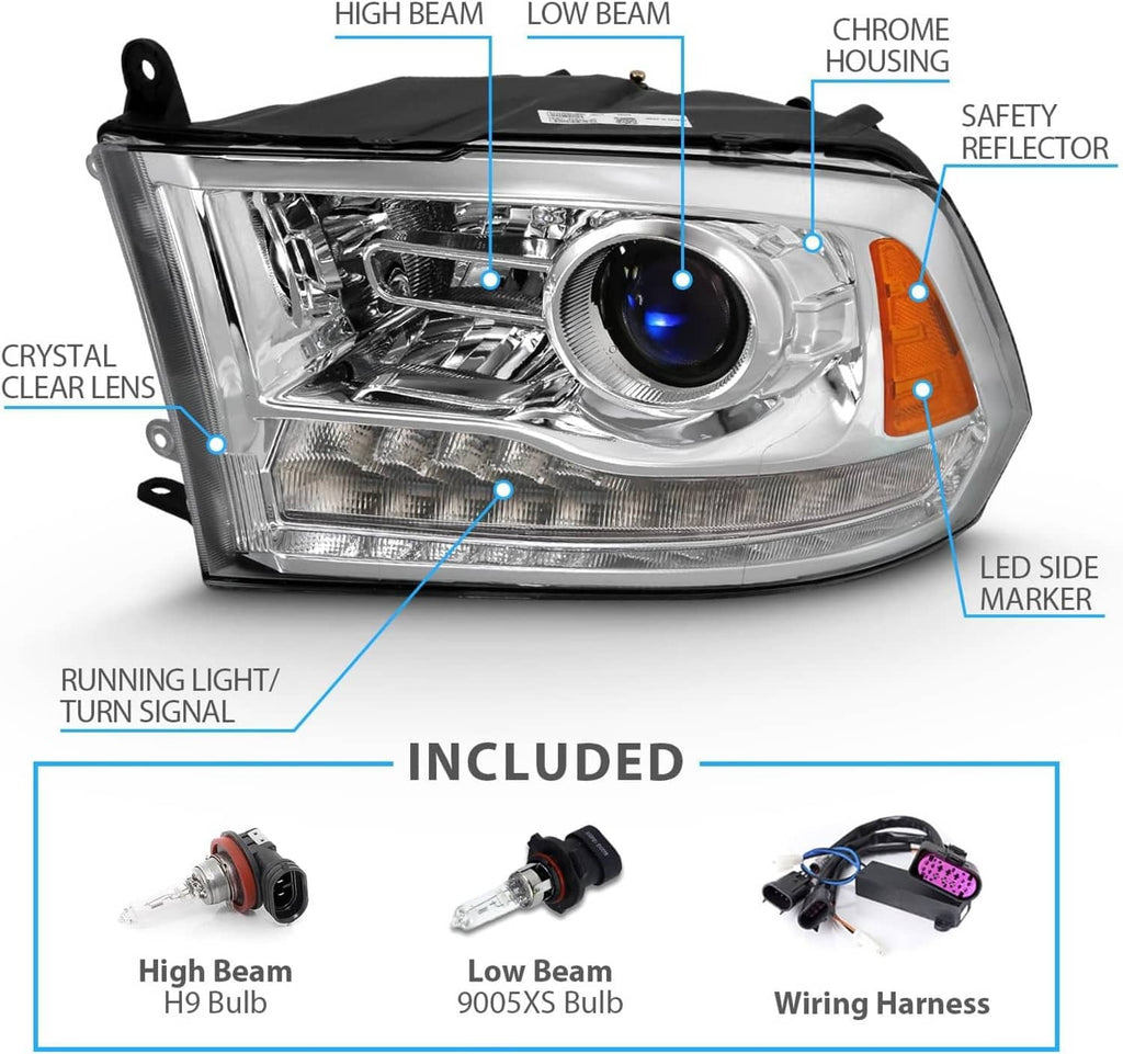 Chrome projector headlight with crystal-clear lens, LED side marker, and chrome reflector