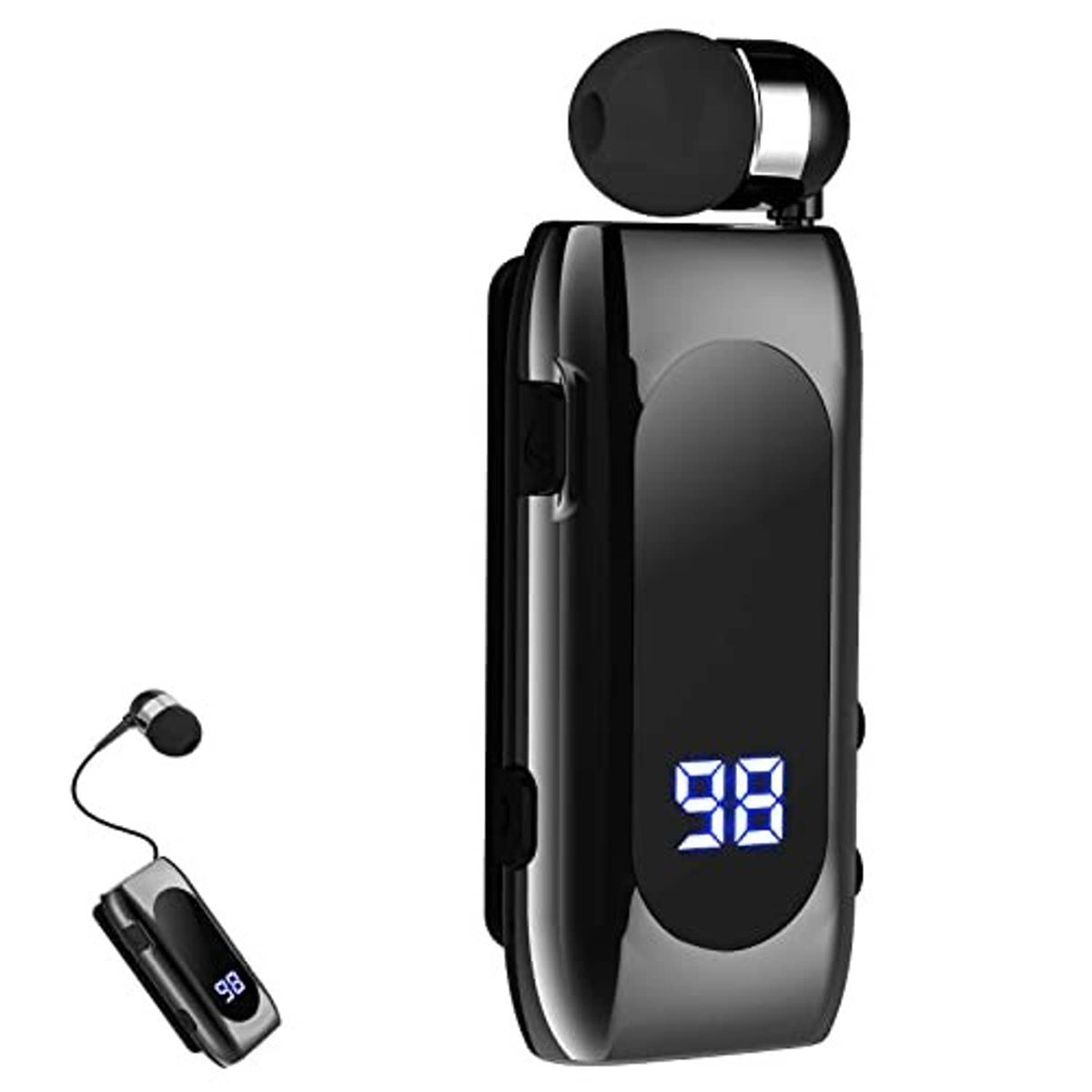 Retractable wireless earphone set with black clip case, earbuds, and blue 98 on display