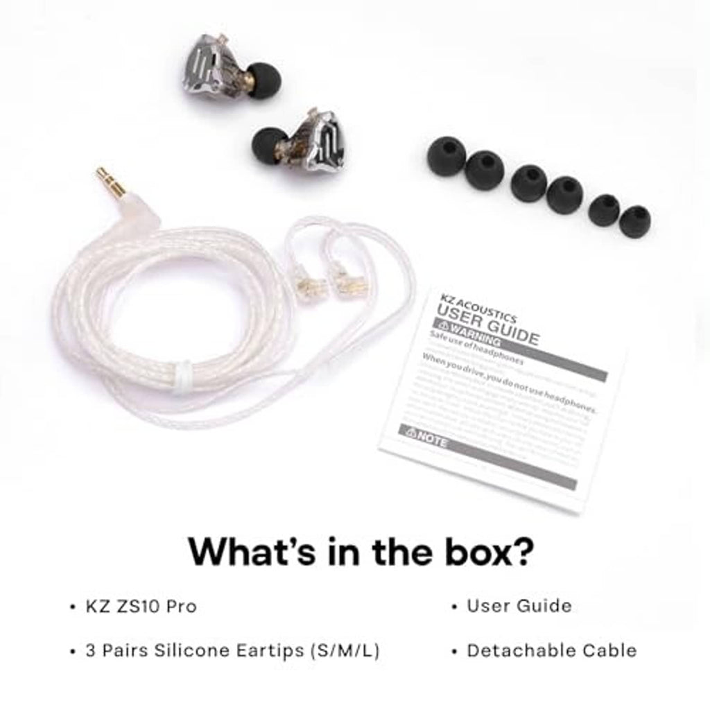 In-ear monitor kit with earbuds, detachable cable, silicone tips, and user guide