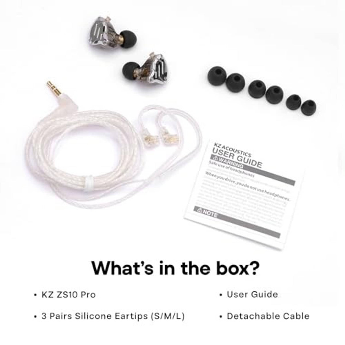 In-ear monitor kit with earbuds, detachable cable, silicone tips, and user guide