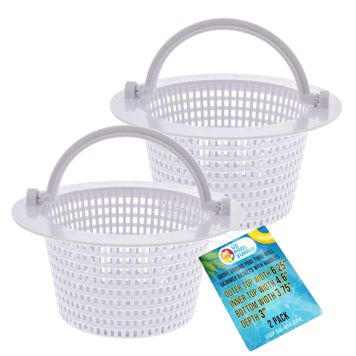 White plastic thru-wall skimmer basket with two oval carry handles