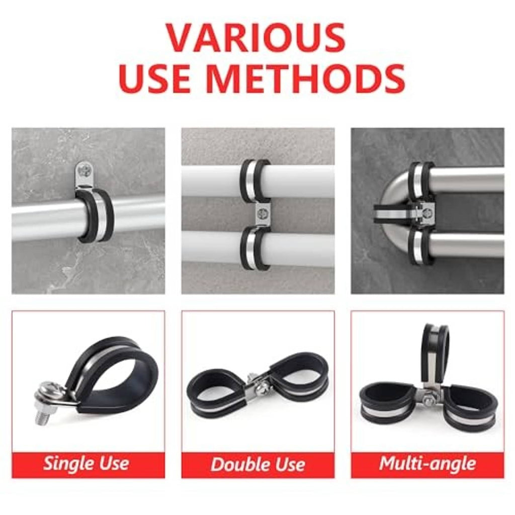 Cable clamp set showing single, double, and multi-angle black rubber-lined designs