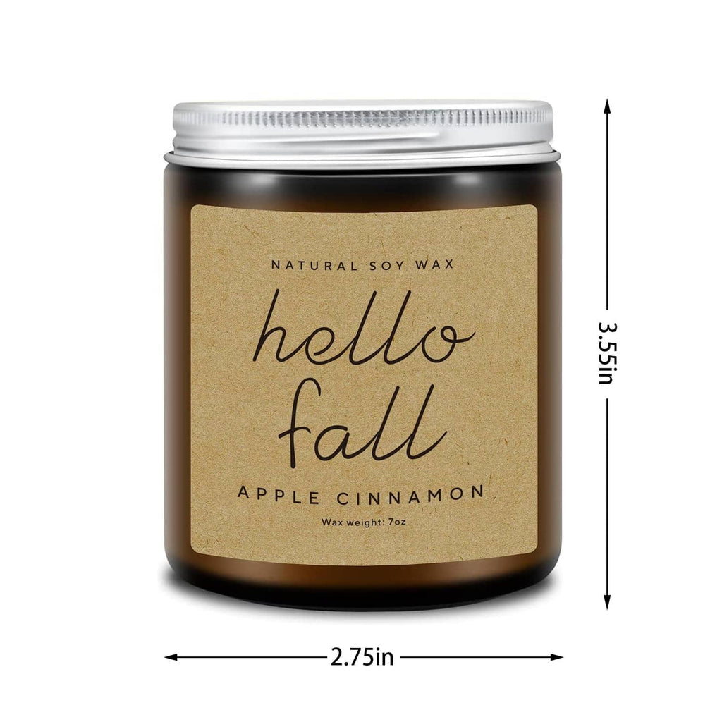 Hello Fall apple cinnamon soy candle jar with white lid and size markings