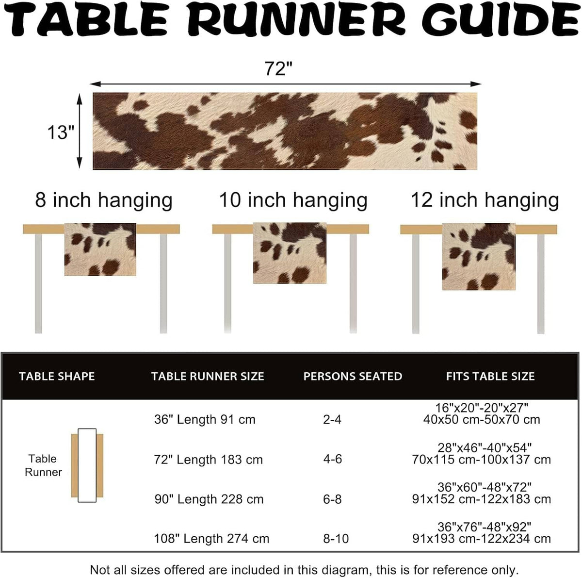 Cow print table runner size guide diagram with brown and white pattern