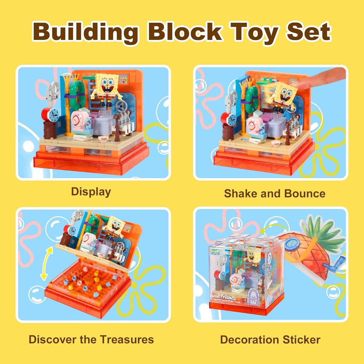 Building block toy set display box kit with character scene shown in four feature panels