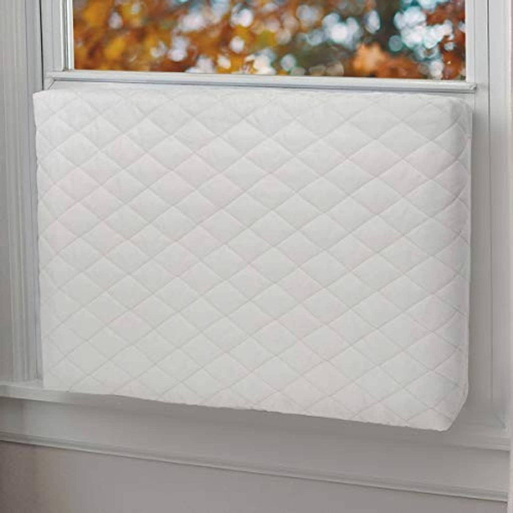 Beige quilted indoor AC cover for window unit, rectangular, smooth front panel