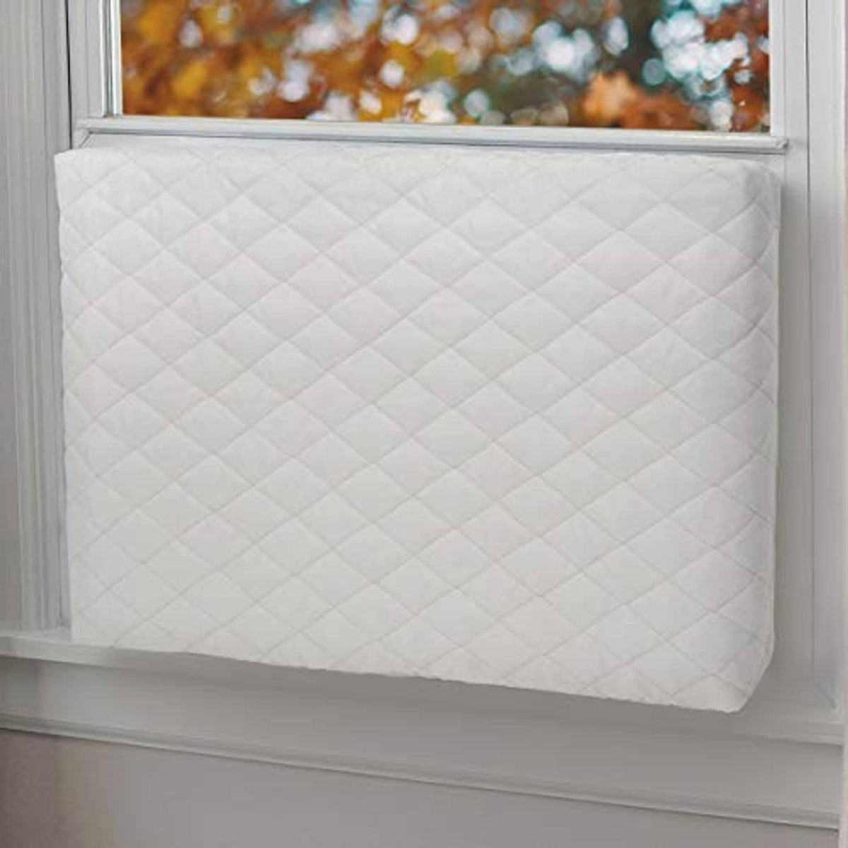 Beige quilted indoor AC cover for window unit, rectangular, smooth front panel