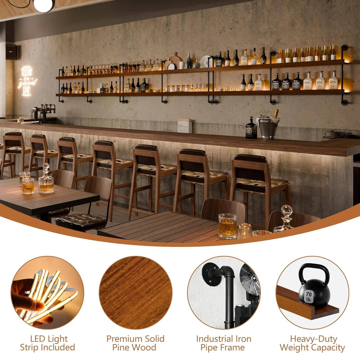 2-tier industrial wine shelf with black pipe frame and wooden planks