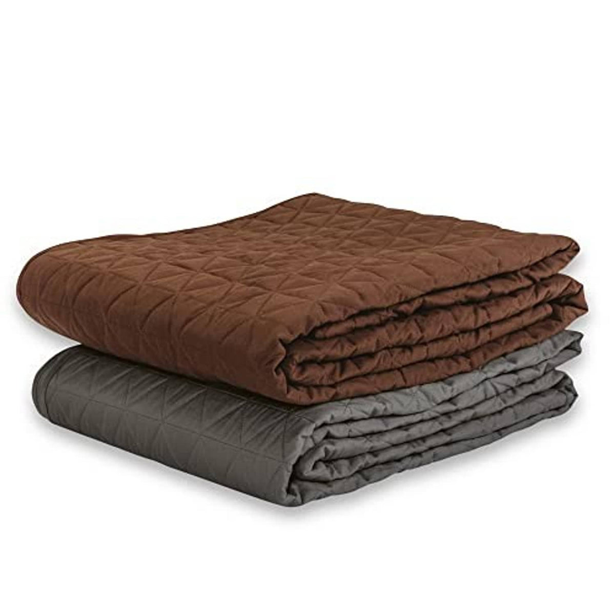 Stacked quilted microfiber blankets in brown and dark gray, diamond stitched