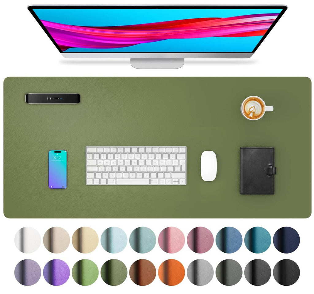 Olive green desk protector mat with keyboard, phone, and color swatches