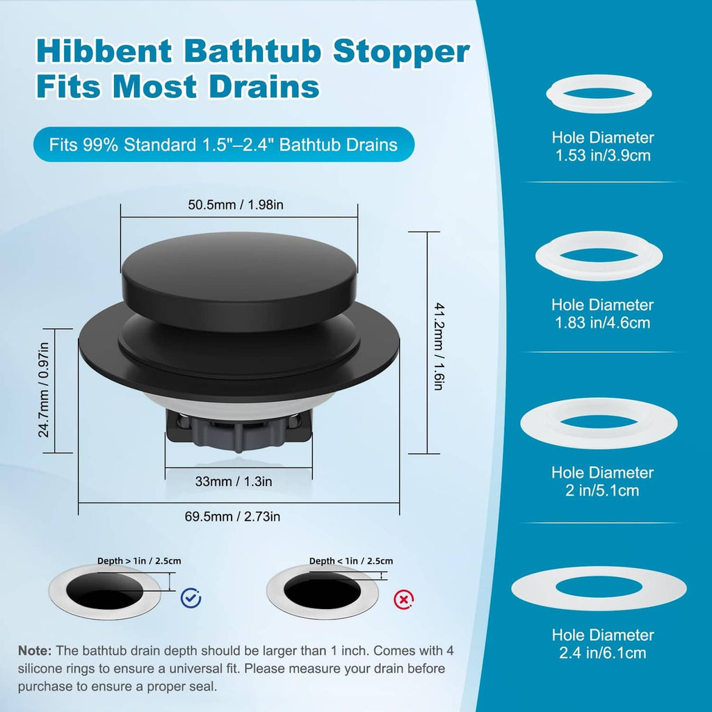 Matte black bathtub drain stopper shown with top cap and base fit for drains
