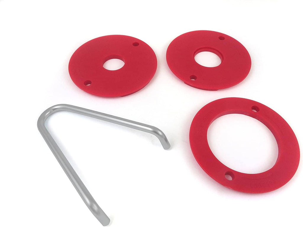 Red router table insert discs with mounting holes plus silver hex key and hardware parts.