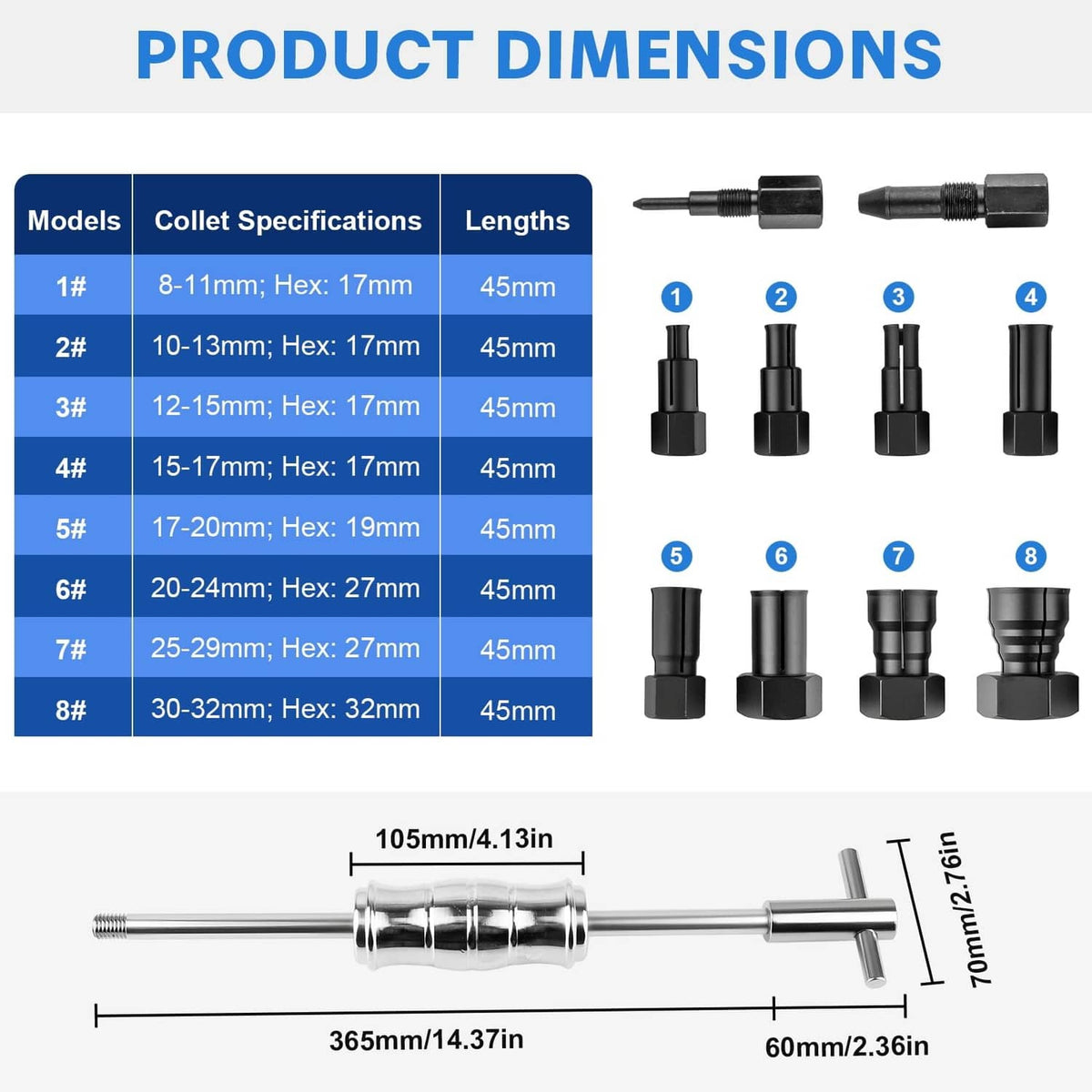 Slide hammer collet puller tool shown with product dimensions and measurement lines