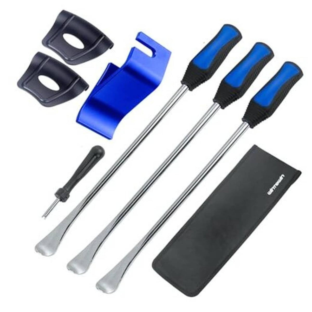 Tire spoon and lever kit with blue/black handles, steel rods, and rim protectors