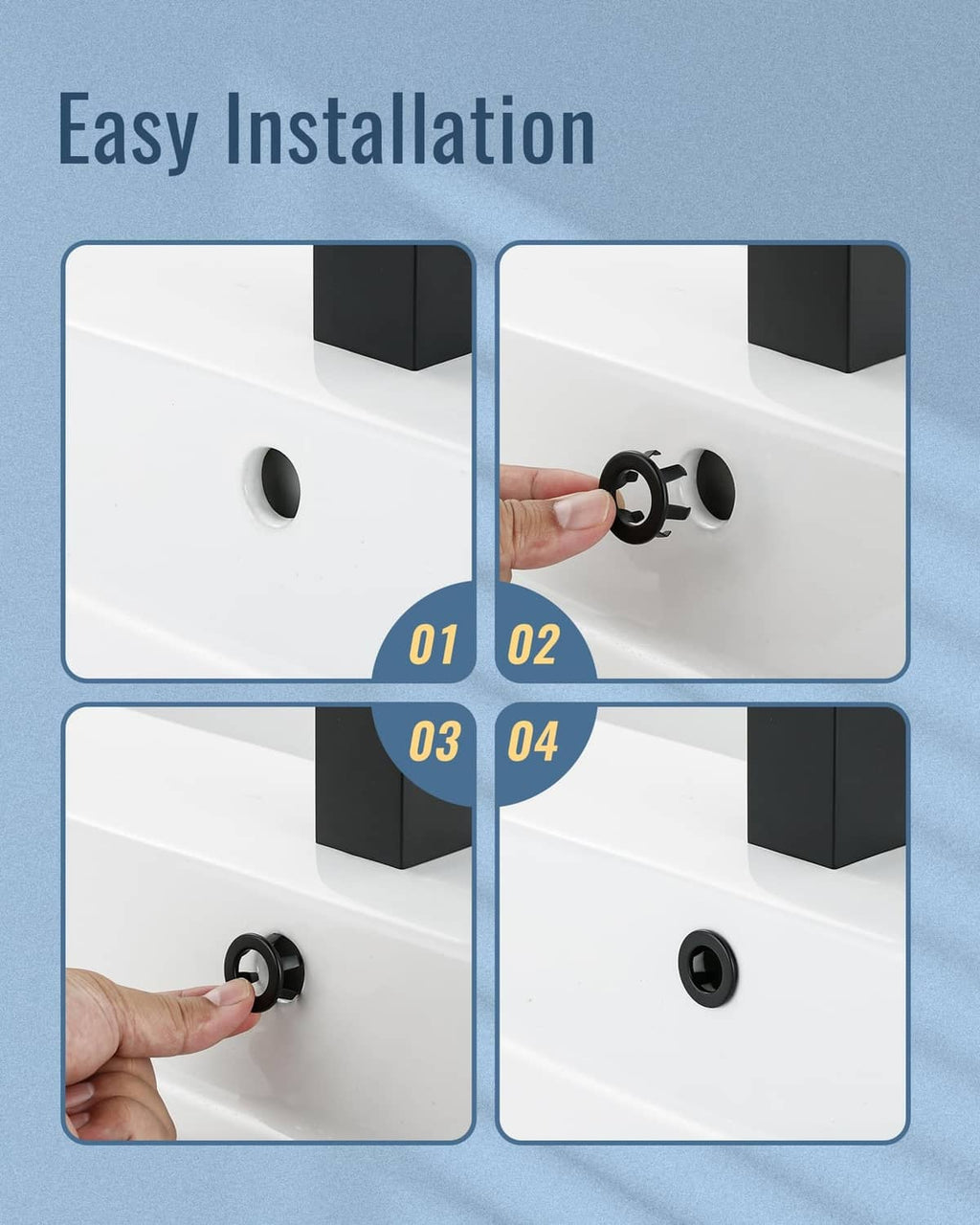 Installation of a matte black sink overflow ring with snap-on tabs
