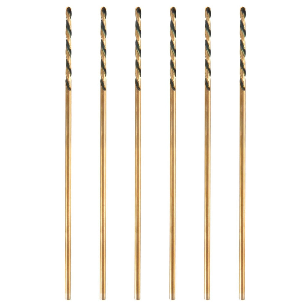 Six gold aircraft extension drill bits with black spiral flutes