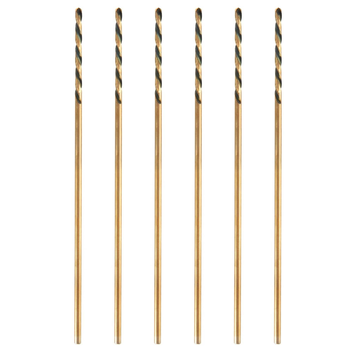 Six gold aircraft extension drill bits with black spiral flutes