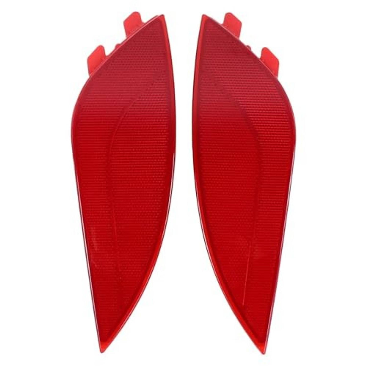 Pair of red rear bumper reflector lenses with corner mounting tabs