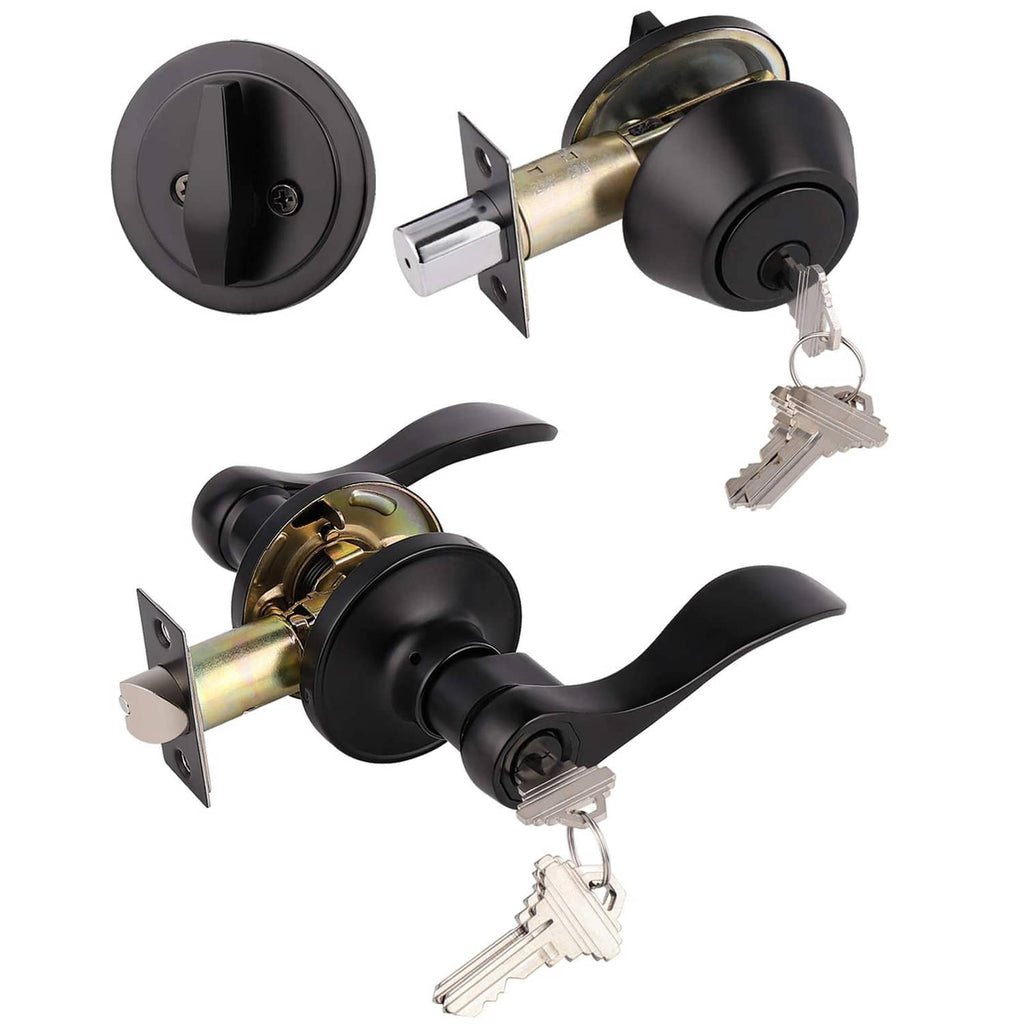 Matte black exterior door lever lockset with single-cylinder latch, key included