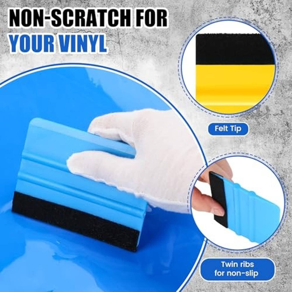 Blue felt-tip squeegee with black base for smoothing vinyl without scratching