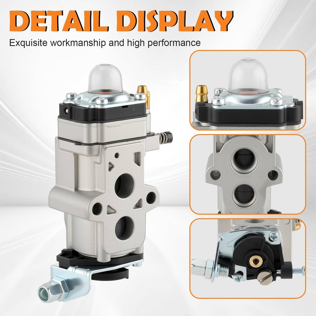 Carburetor with metal top cap and side outlet ports, with close-up detail views