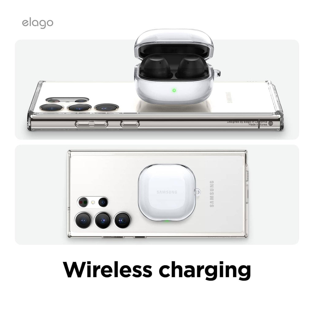 Clear earbuds case cover placed on a wireless charging dock for convenient charging