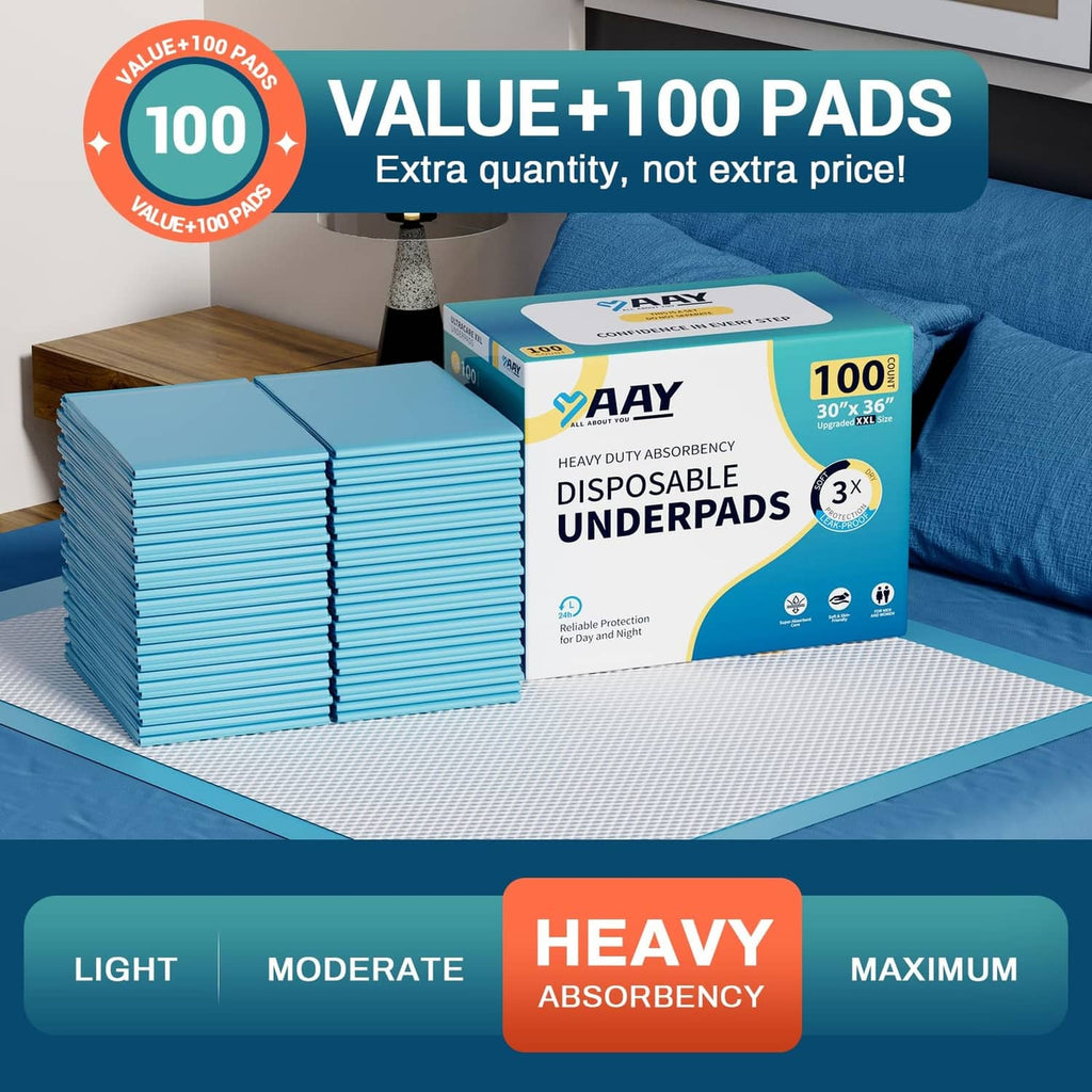 AAY disposable underpads on bed: heavy-duty absorbency, 30"x36", 100+ count value pack