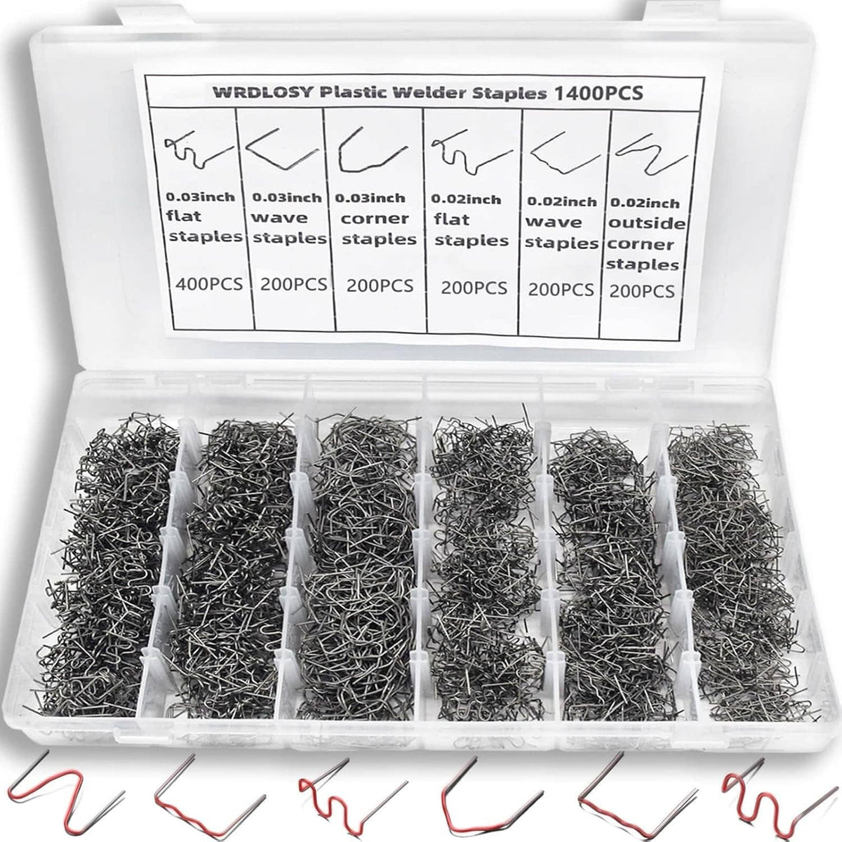 Plastic welding staples set in clear divided storage box, with many metal staples