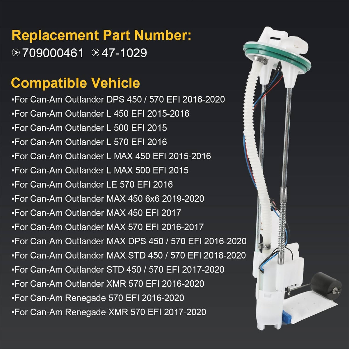Fuel pump assembly with white reservoir, metal support tube, and multi-wire connector