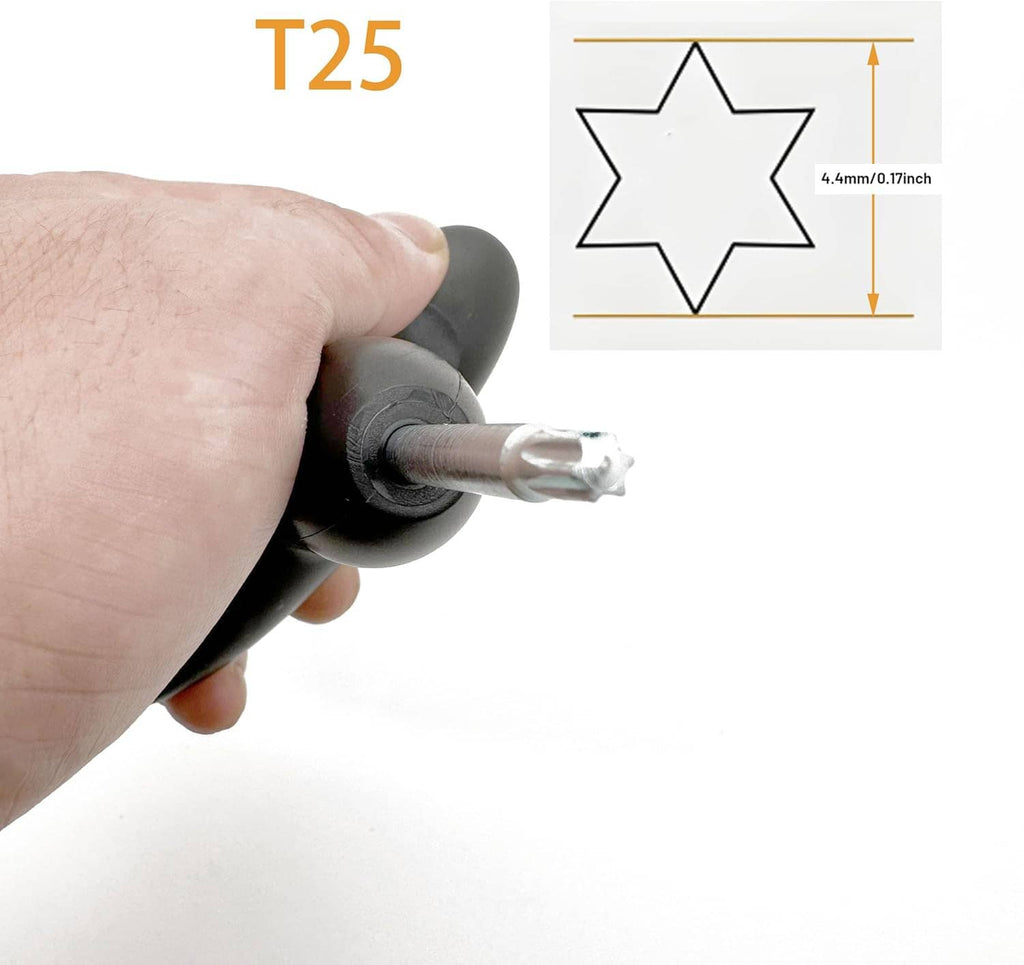 T25 torque wrench tool head with metal shaft and star-shaped tip