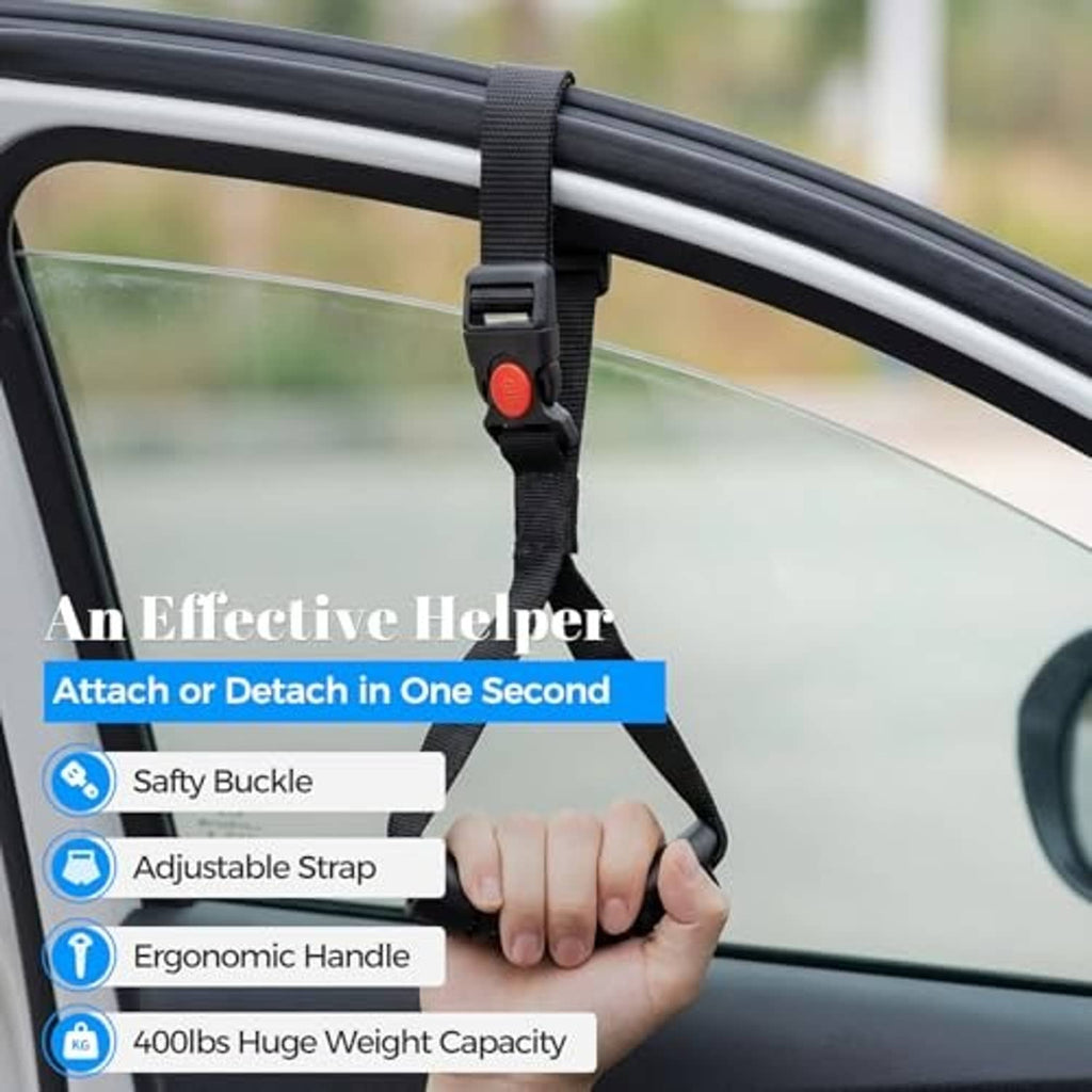Blue-and-black handle assist with adjustable black strap attached near car window