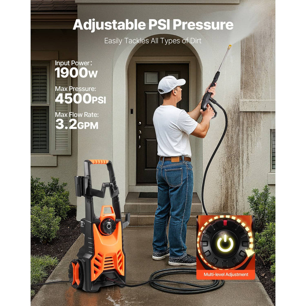 Orange and black electric pressure washer with adjustable pressure dial and connected hose