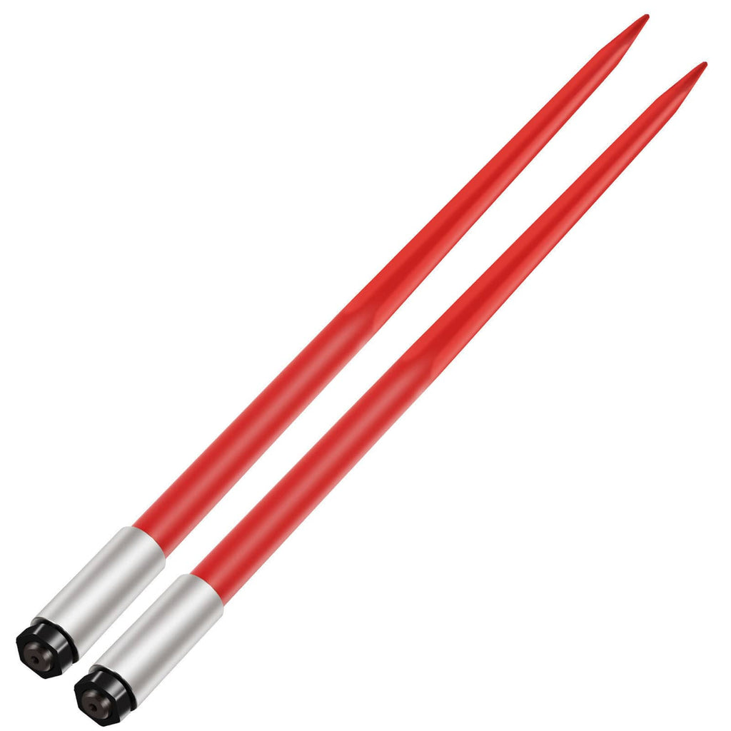 Red hay bale spear prongs with gray metal tips and pointed ends, skidsteer attachment set