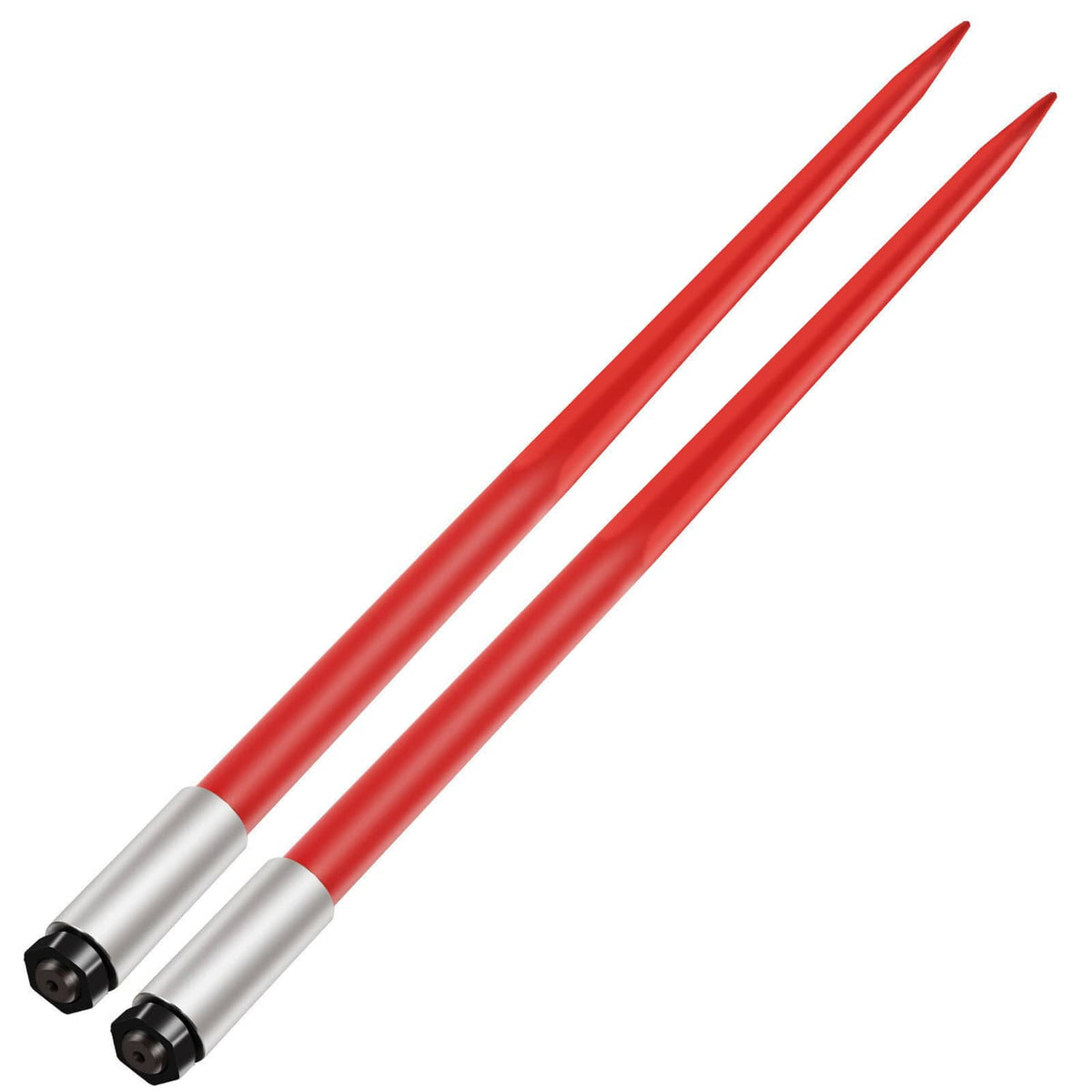 Red hay bale spear prongs with gray metal tips and pointed ends, skidsteer attachment set
