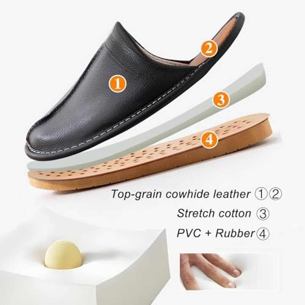 Black leather slip-on slipper with thick sole and cushioned interior