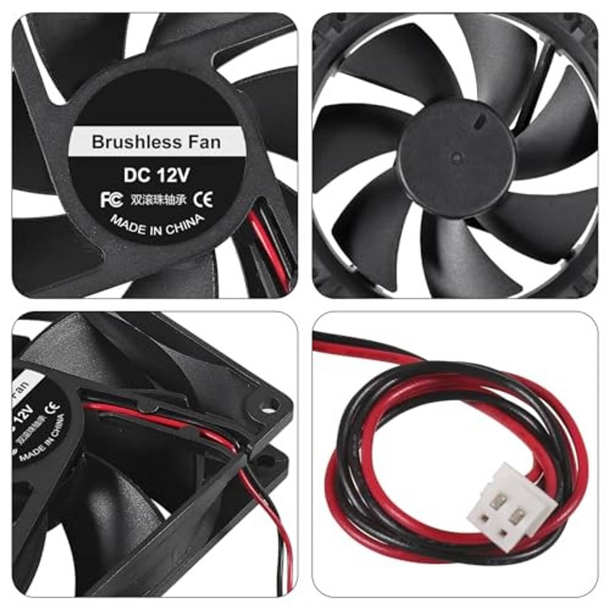 Close-up of black 92mm brushless fan blades and red/black 2-pin wiring leads