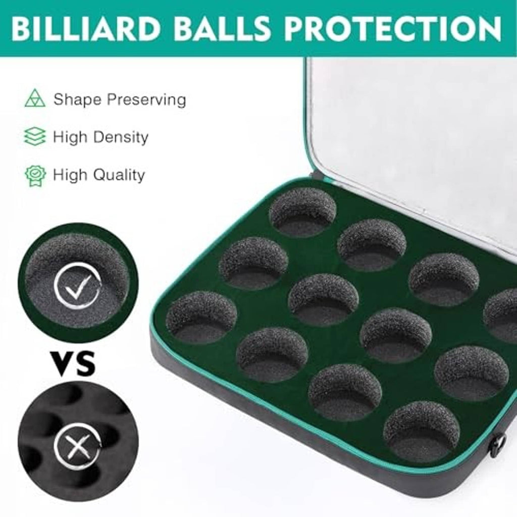 Padded billiard ball case with foam ball holders to cushion each ball