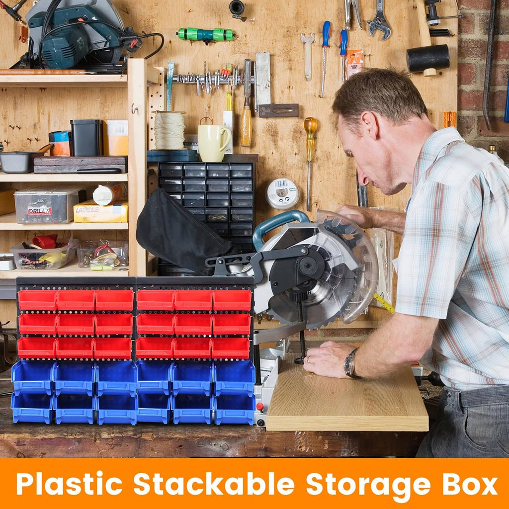 Maxworks 80694 30-bin wall-mount parts rack on workshop bench with red and blue bins.