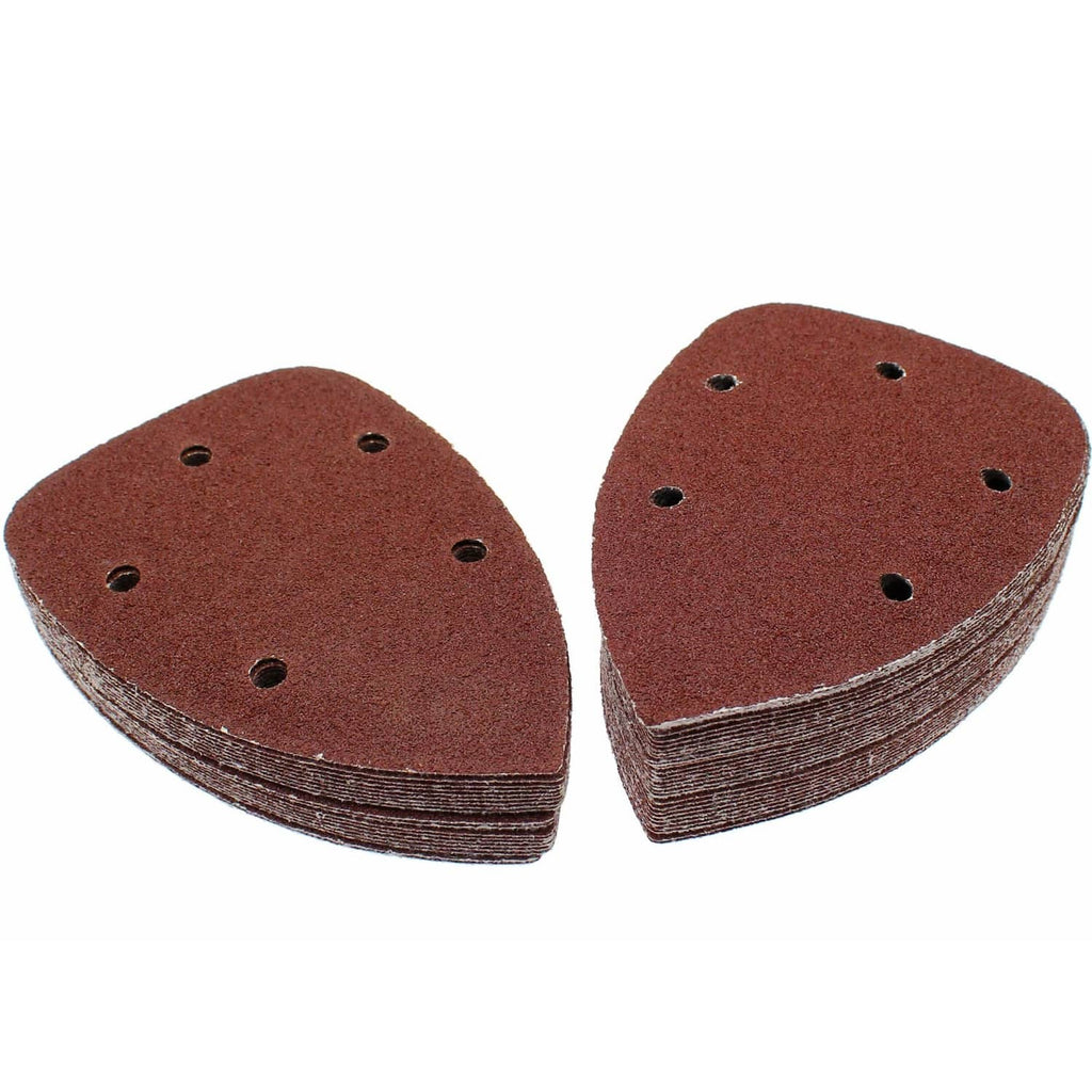 Triangular sanding sheets stack, dark red-brown, five-hole design for mouse detail sander