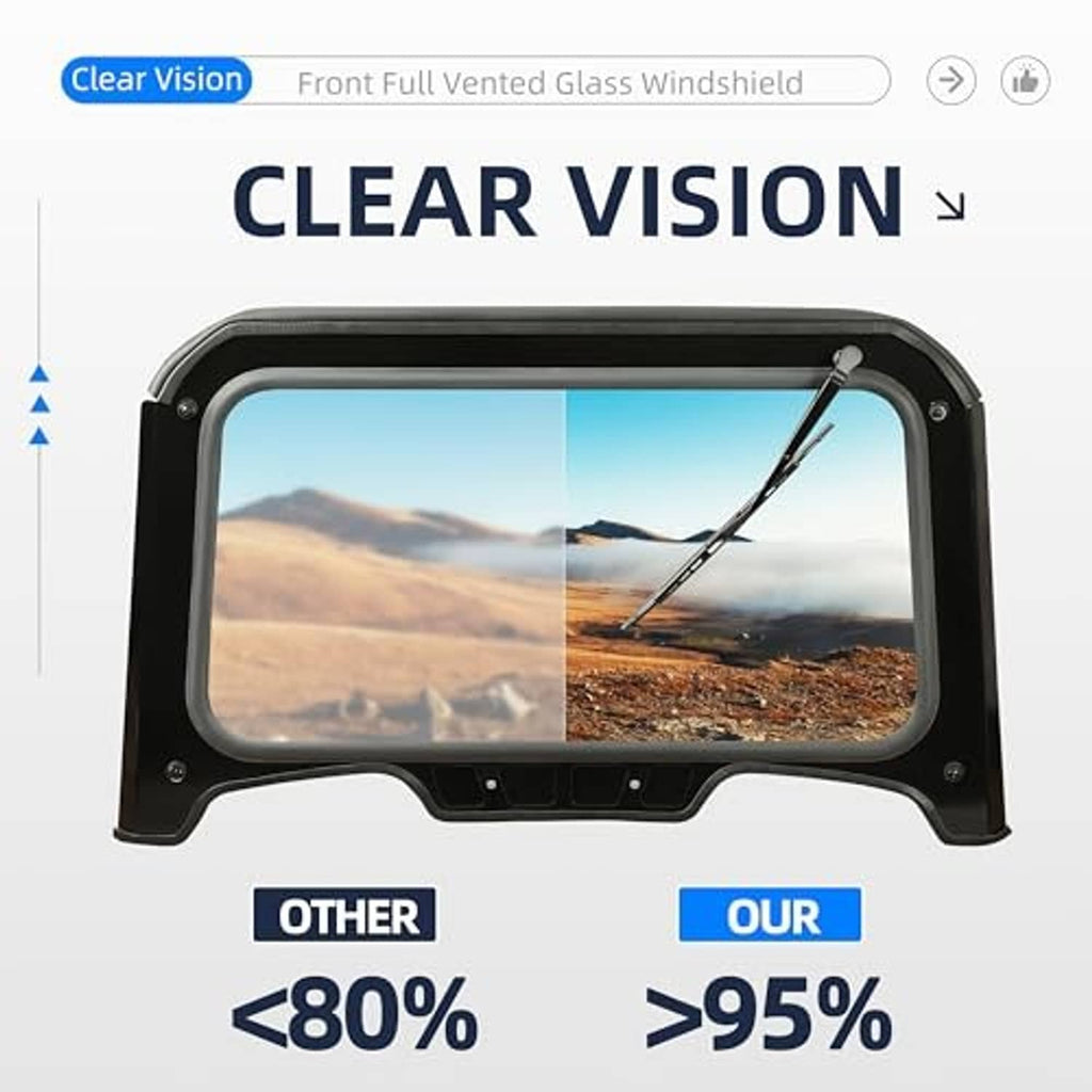 Clear vented glass windshield with black protective outer frame