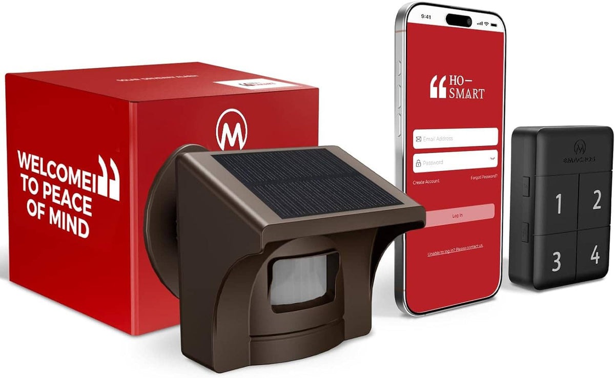 Solar-powered driveway alarm with solar panel, smartphone app and keypad remote