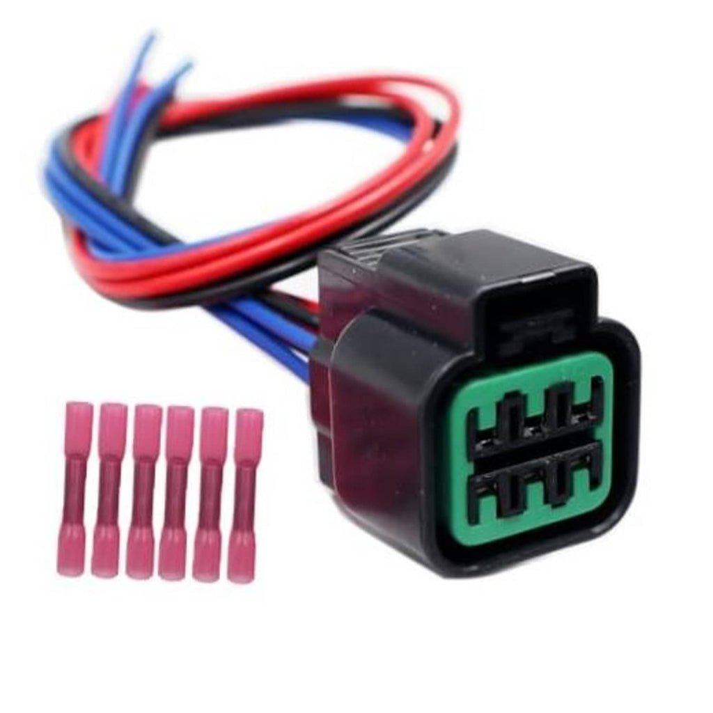 6-pin headlight wiring harness connector with red, blue, and black leads and terminals