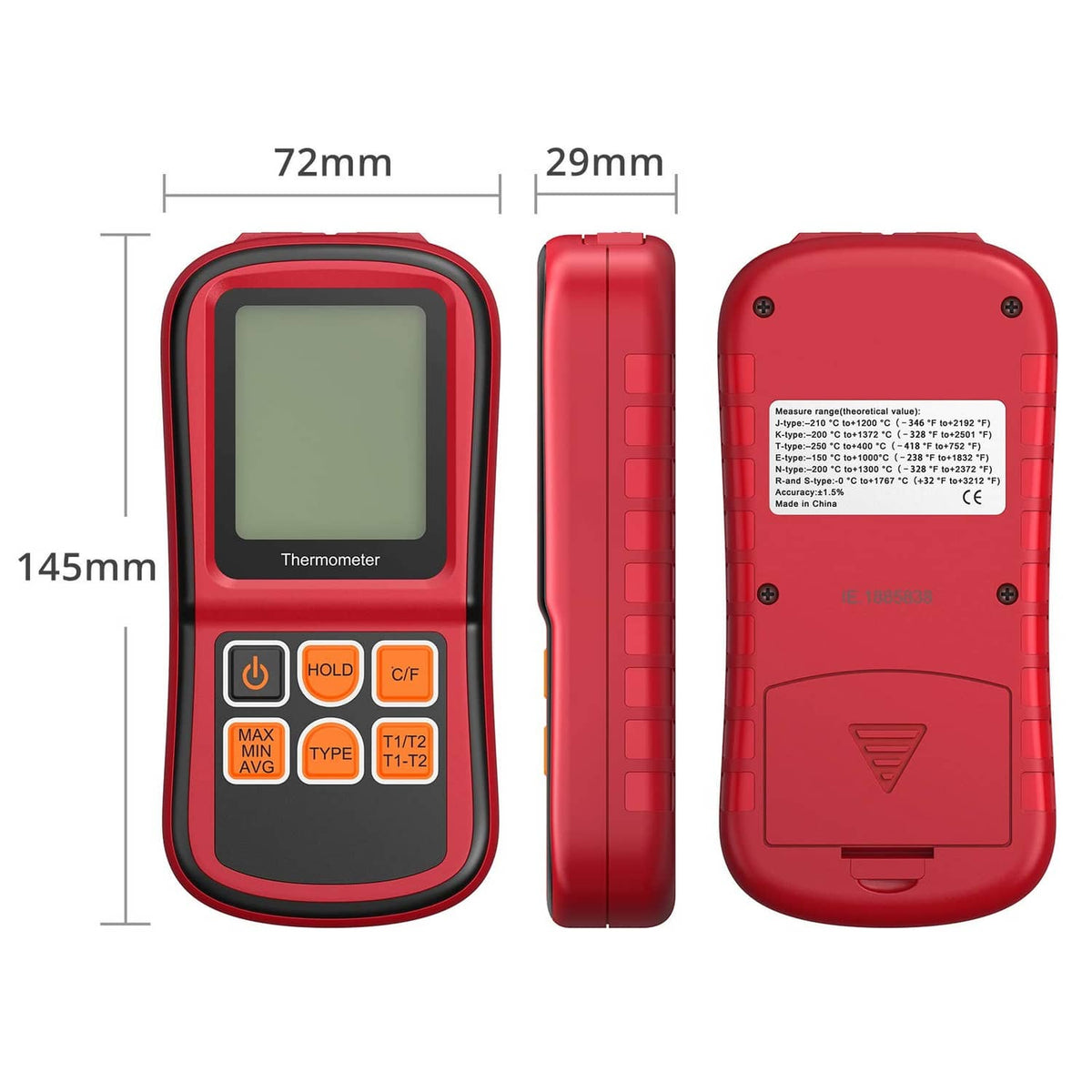 Red handheld digital dual-channel thermometer with screen, buttons, and sensor interface
