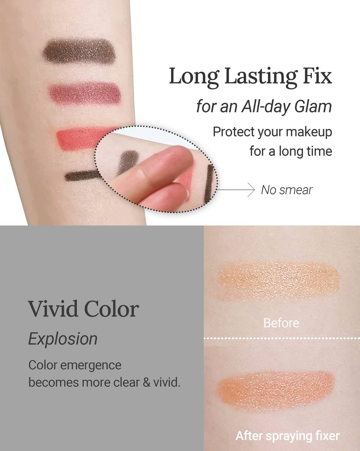 Makeup swatch comparison showing colored marks before and after setting spray