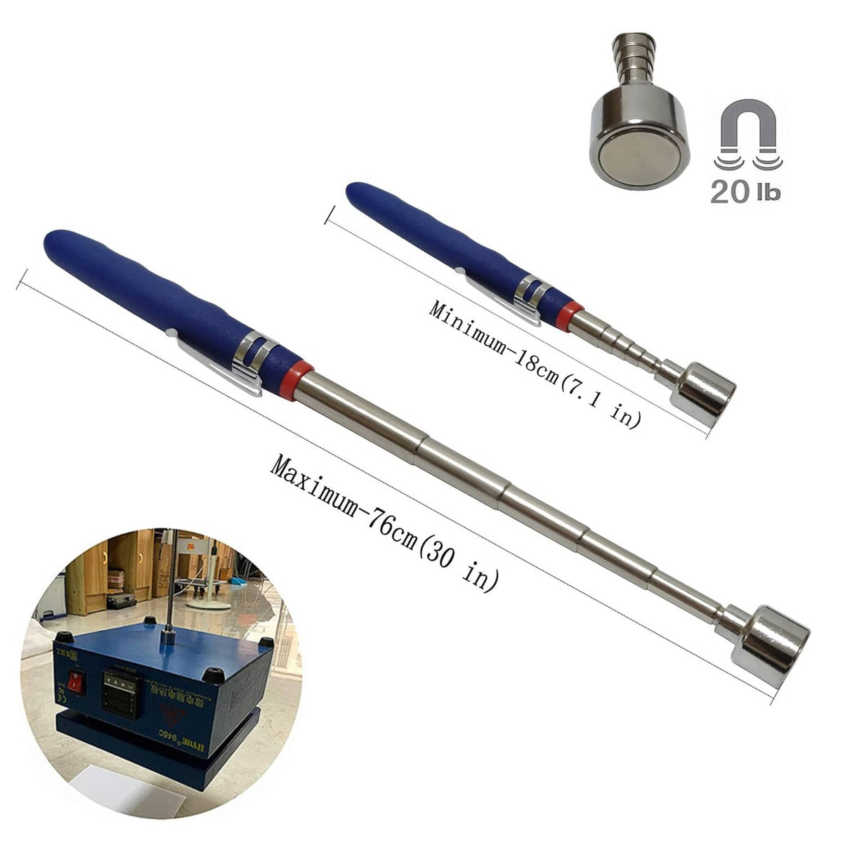 Telescoping magnetic pickup tool: 20 lb, min 18 in, max 76 in