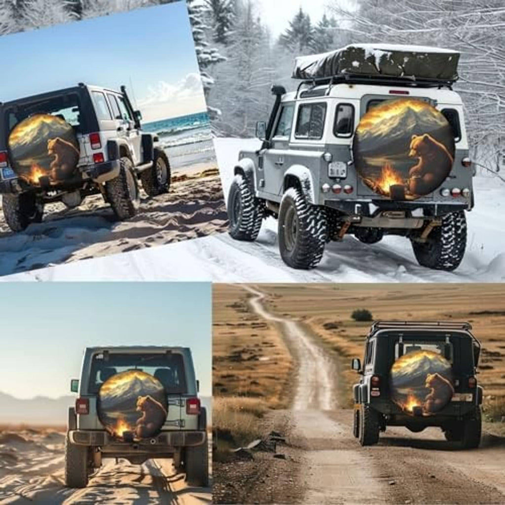 Spare tire cover on off-road vehicles featuring bear, mountains, and campfire scene