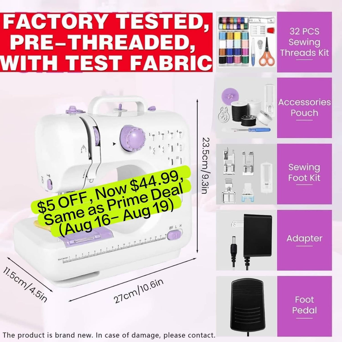 Purple mini sewing machine kit with accessories and pre-threaded test fabric set